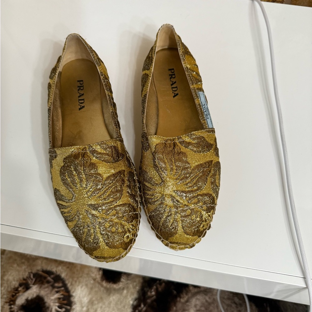 Gently worn Prada Gold Floral Loafers for Women
